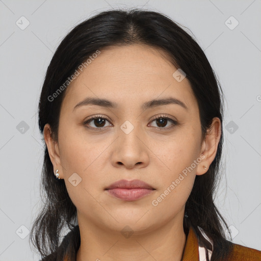 Joyful asian young-adult female with long  brown hair and brown eyes