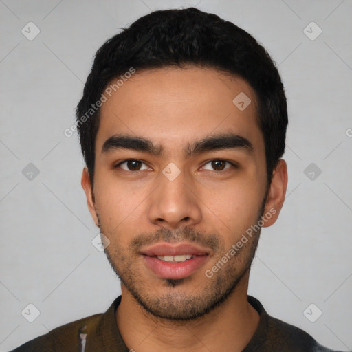 Neutral latino young-adult male with short  black hair and brown eyes