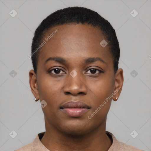 Neutral black young-adult female with short  black hair and brown eyes