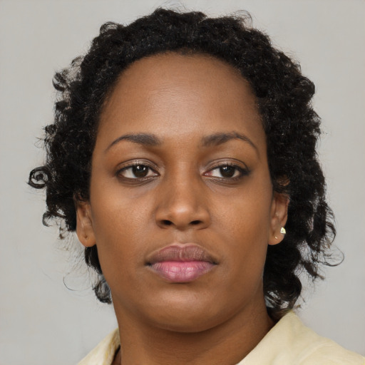 Neutral black young-adult female with medium  brown hair and brown eyes