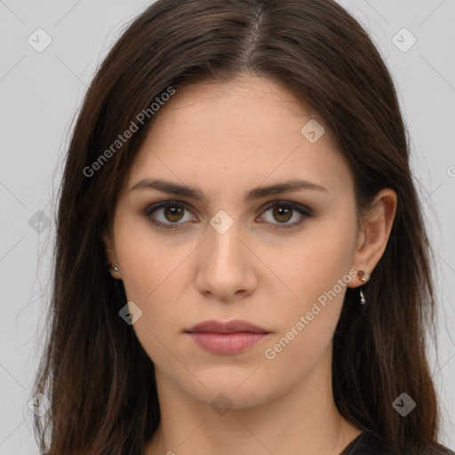 Neutral white young-adult female with long  brown hair and brown eyes