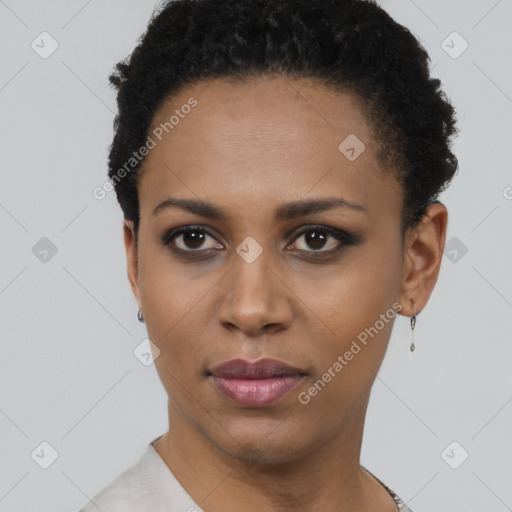 Neutral black young-adult female with short  black hair and brown eyes