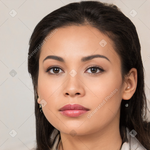 Neutral latino young-adult female with long  brown hair and brown eyes