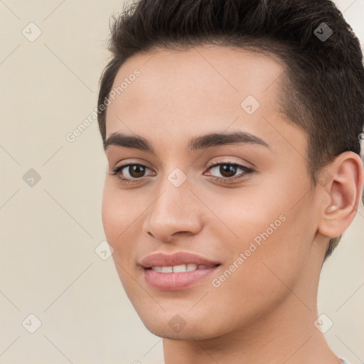 Joyful white young-adult female with short  brown hair and brown eyes