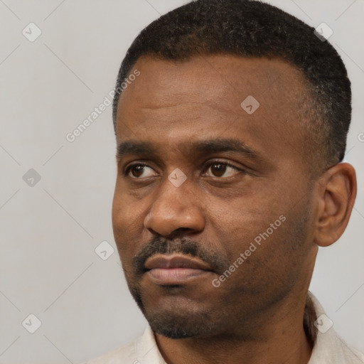 Neutral black young-adult male with short  black hair and brown eyes