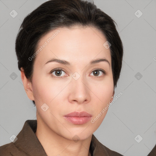 Neutral white young-adult female with medium  brown hair and brown eyes