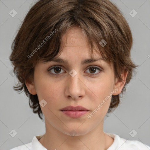 Neutral white young-adult female with medium  brown hair and brown eyes