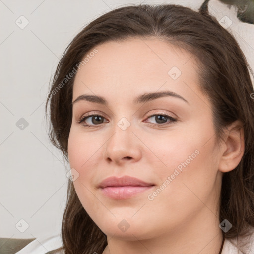 Neutral white young-adult female with medium  brown hair and brown eyes