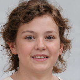 Joyful white child female with medium  brown hair and brown eyes