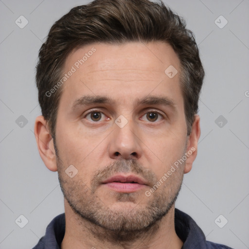 Neutral white adult male with short  brown hair and brown eyes