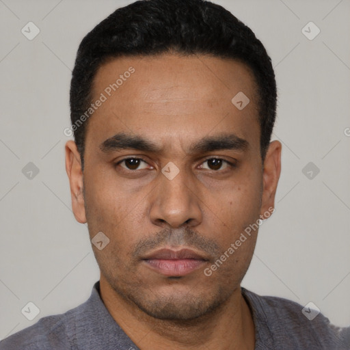 Neutral latino young-adult male with short  black hair and brown eyes