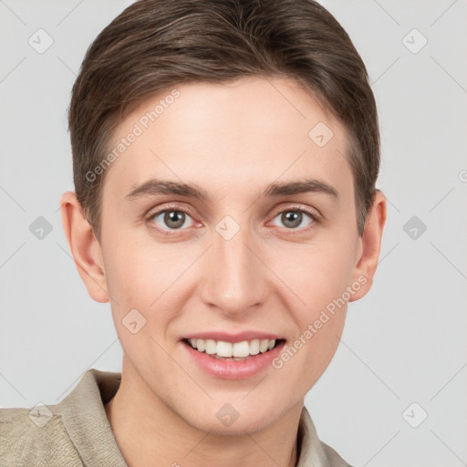 Joyful white young-adult female with short  brown hair and brown eyes