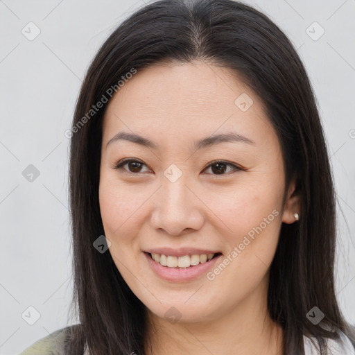 Joyful white young-adult female with medium  brown hair and brown eyes