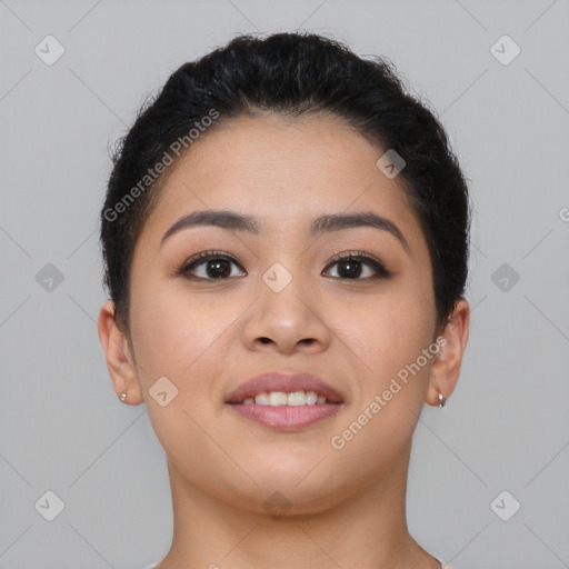 Joyful asian young-adult female with short  brown hair and brown eyes