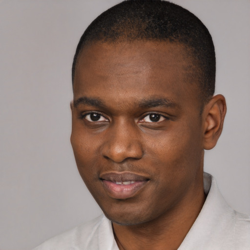 Joyful black young-adult male with short  brown hair and brown eyes