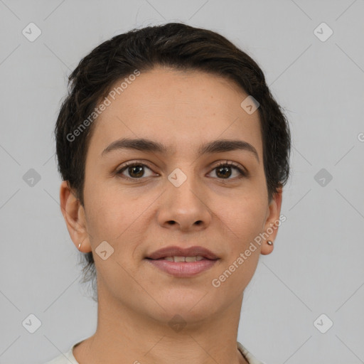 Joyful white young-adult female with short  brown hair and brown eyes