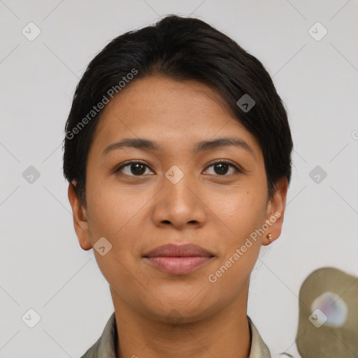 Joyful asian young-adult female with short  brown hair and brown eyes