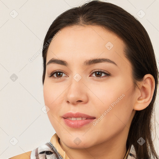 Joyful white young-adult female with medium  brown hair and brown eyes