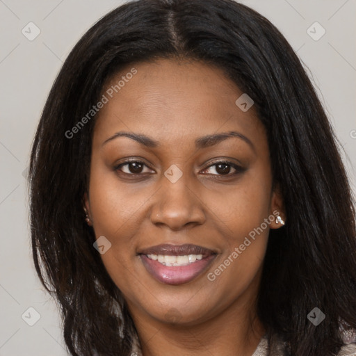 Joyful asian young-adult female with long  brown hair and brown eyes