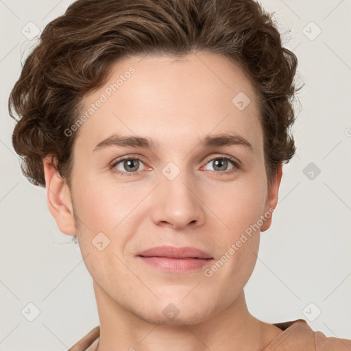 Joyful white young-adult female with short  brown hair and grey eyes