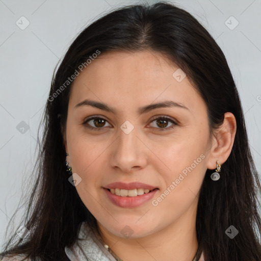 Joyful white young-adult female with long  brown hair and brown eyes