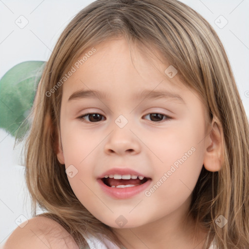 Joyful white child female with medium  brown hair and brown eyes