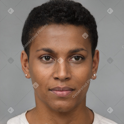 Joyful black young-adult female with short  brown hair and brown eyes