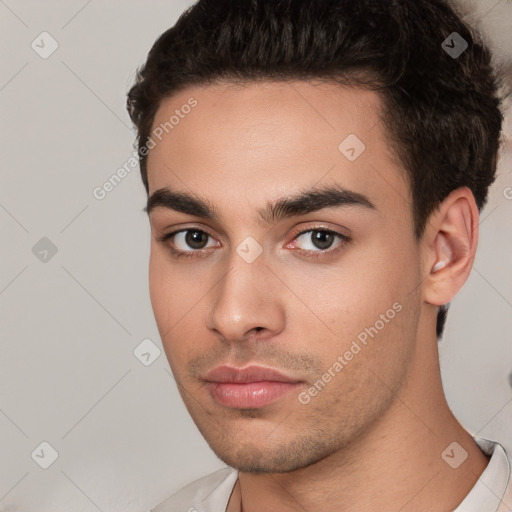 Neutral white young-adult male with short  brown hair and brown eyes