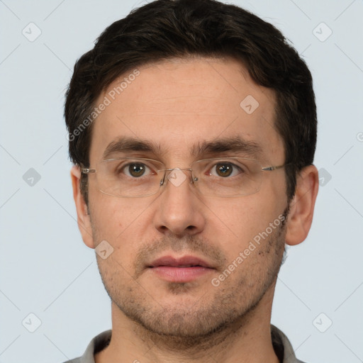 Neutral white adult male with short  brown hair and brown eyes