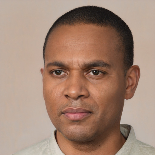 Neutral black adult male with short  black hair and brown eyes