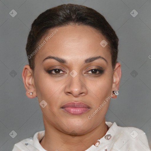 Joyful latino young-adult female with short  brown hair and brown eyes