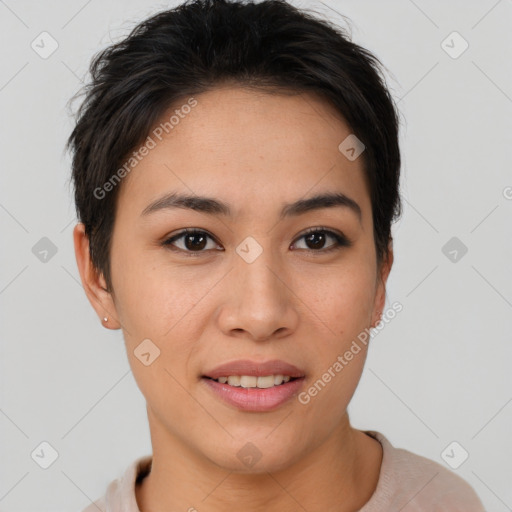 Joyful asian young-adult female with short  brown hair and brown eyes