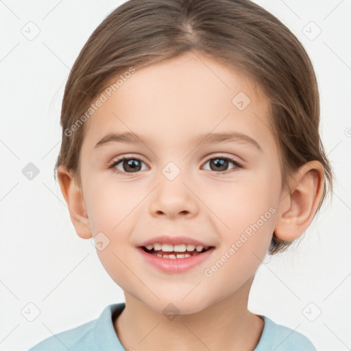 Joyful white child female with medium  brown hair and brown eyes