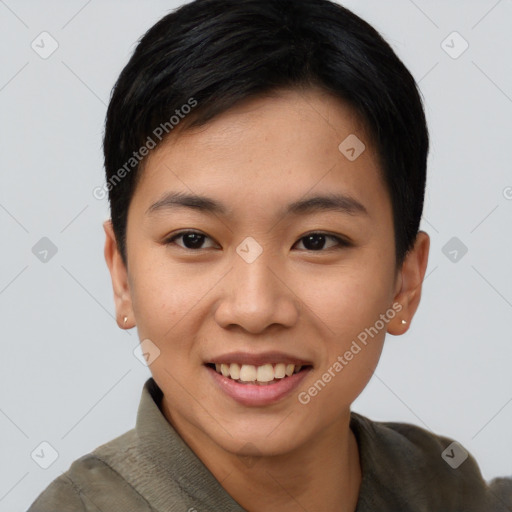 Joyful asian young-adult female with short  brown hair and brown eyes