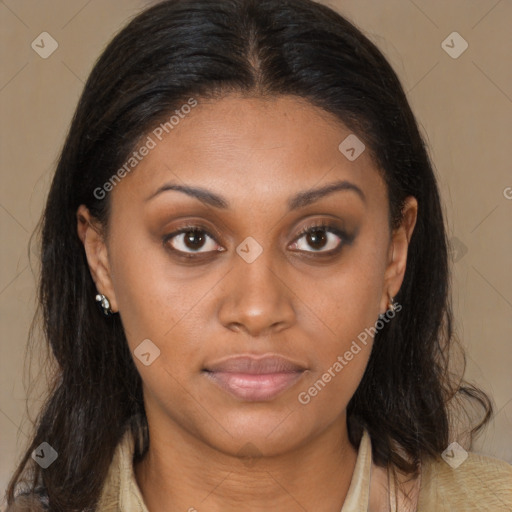 Joyful latino young-adult female with medium  brown hair and brown eyes