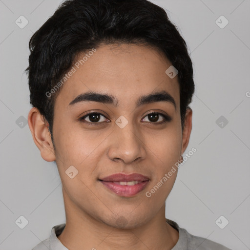 Joyful white young-adult female with short  brown hair and brown eyes