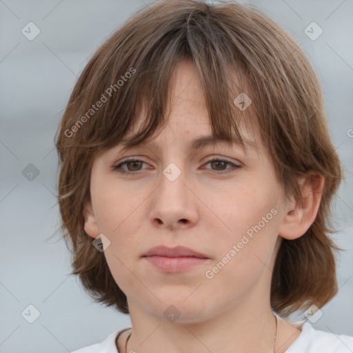 Neutral white young-adult female with medium  brown hair and brown eyes