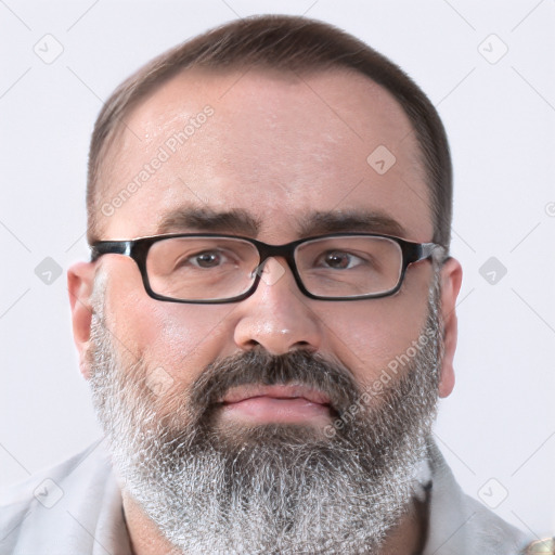 Neutral white adult male with short  brown hair and grey eyes