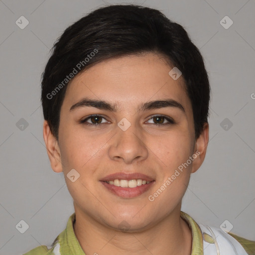 Joyful white young-adult female with short  brown hair and brown eyes