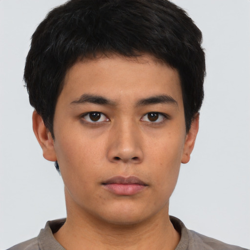 Neutral asian young-adult male with short  black hair and brown eyes