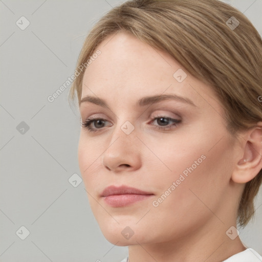 Neutral white young-adult female with medium  brown hair and grey eyes