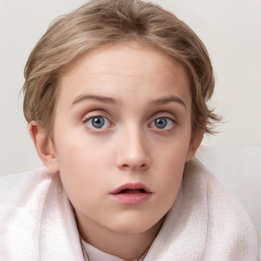 Neutral white child female with medium  brown hair and blue eyes