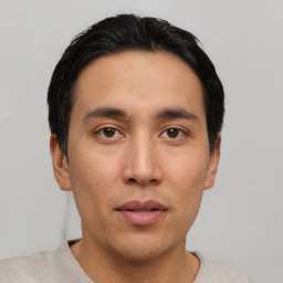 Neutral asian young-adult male with short  black hair and brown eyes