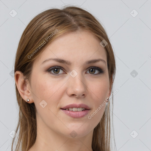 Joyful white young-adult female with long  brown hair and grey eyes