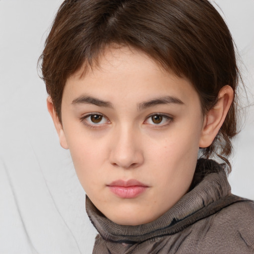 Neutral white young-adult female with short  brown hair and brown eyes