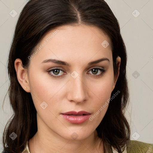 Neutral white young-adult female with medium  brown hair and brown eyes