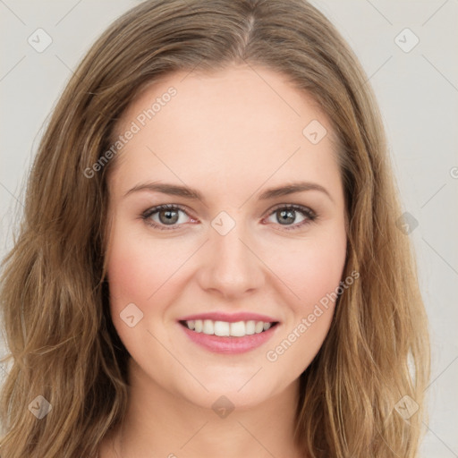 Joyful white young-adult female with long  brown hair and green eyes