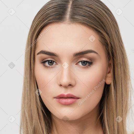 Neutral white young-adult female with long  brown hair and brown eyes