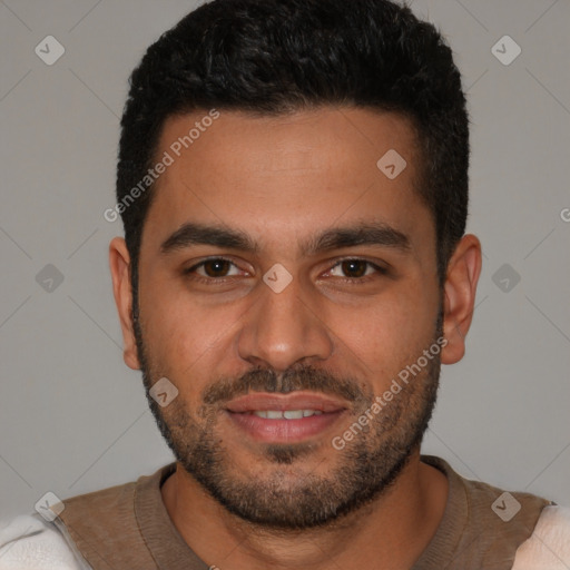 Joyful latino young-adult male with short  brown hair and brown eyes