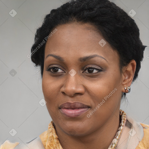 Joyful black adult female with medium  brown hair and brown eyes